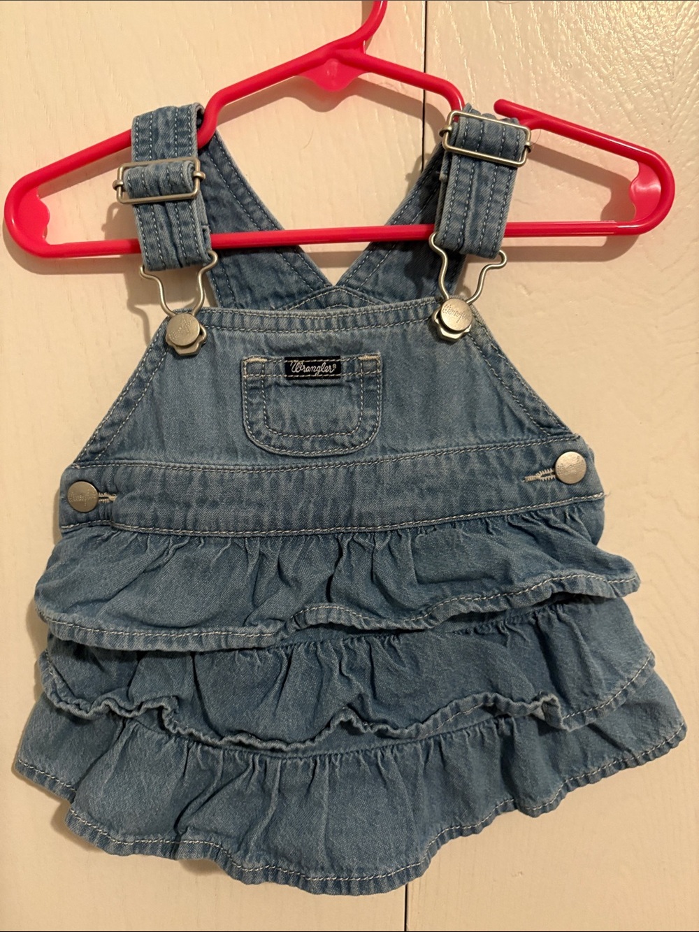 Wrangler Denim Ruffle Overall Dress in Light Blue